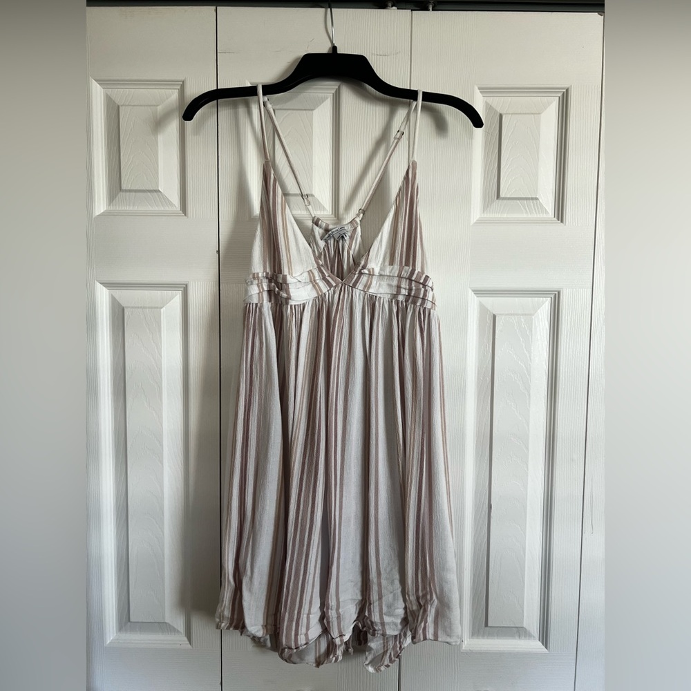 O’Neil Light Taupe & White Striped Spaghetti Strap Dress